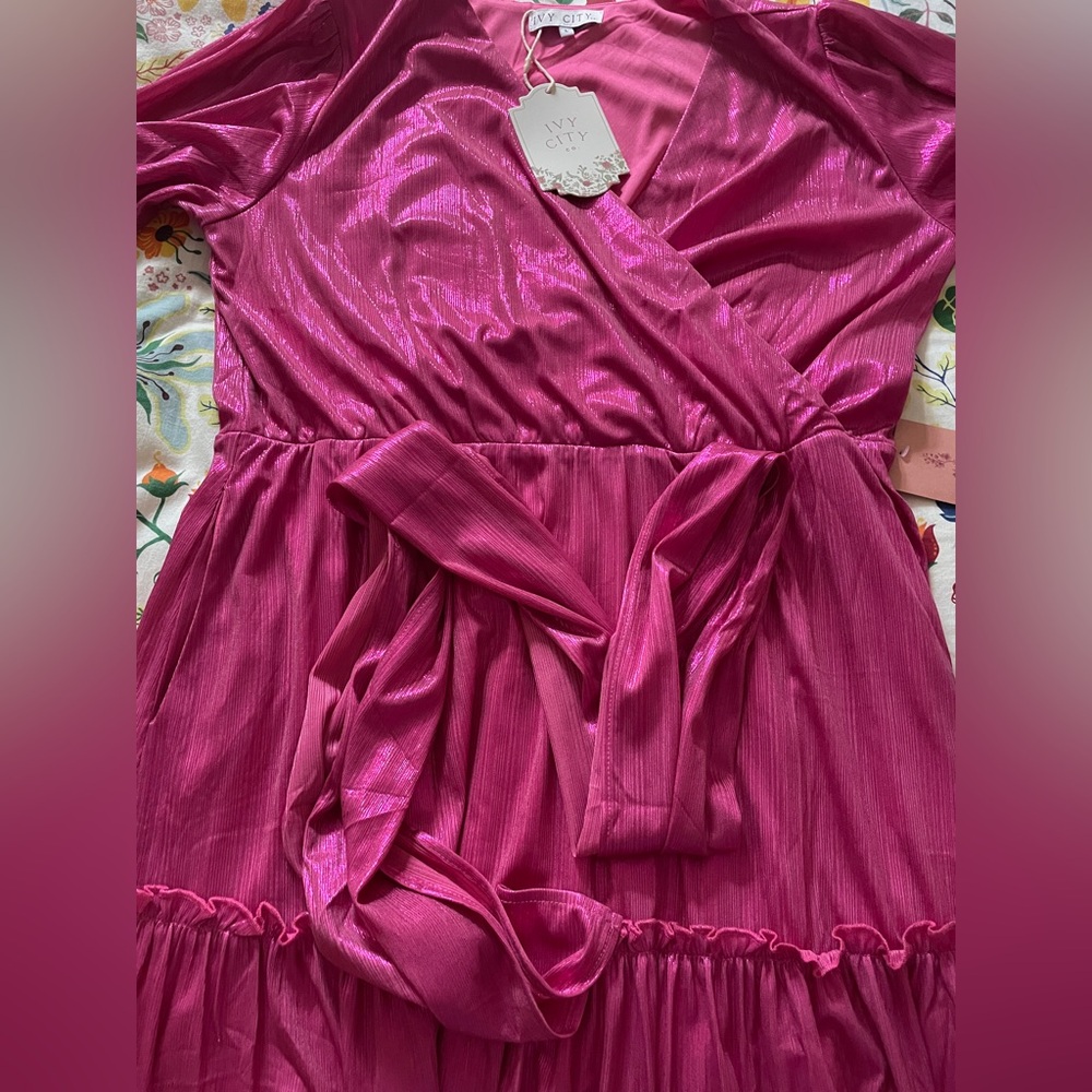 Ivy City Co Shimmery Fuchsia Wrap Midi Dress - Picture 12 of 12